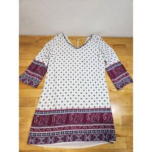 Skies Are Blue Boho Paisley Geometric V-Neck T-Back Shift Dress White Burgundy M